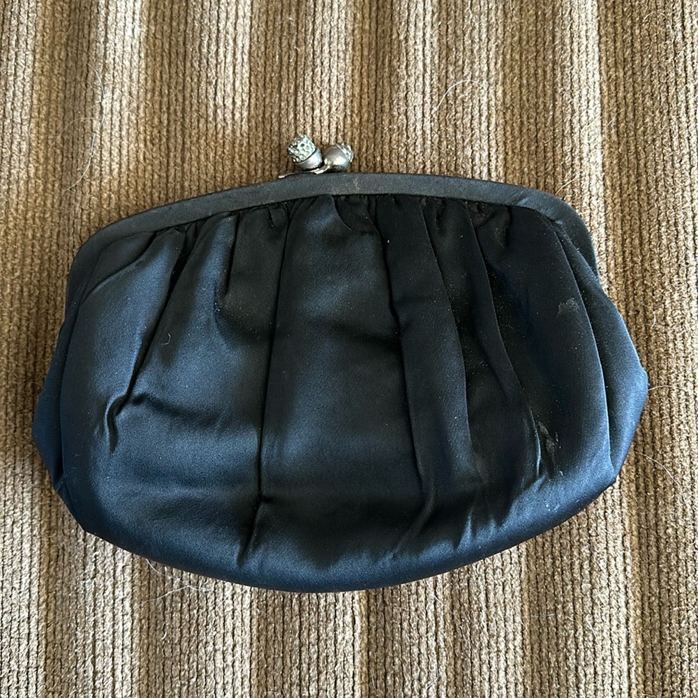 L & M VTG Clutch Purse black satin, satin-lined 1950’s  Mid Century modern